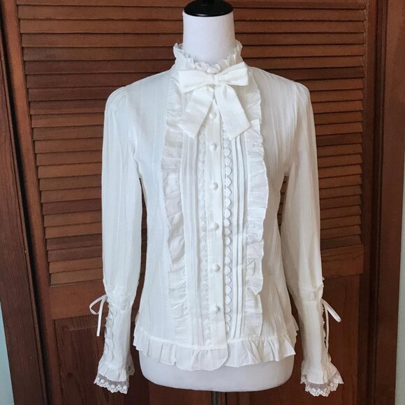 Elegant White Button Down Shirt with Ruffle Details - Picture 1 of 8